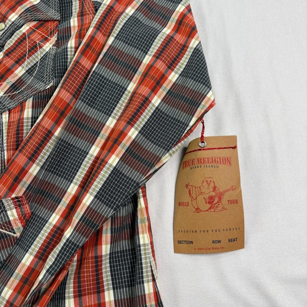 True Religion Western Shirt Mens 3XL Orange Plaid Pearl Snap Up Long Sleeve‎ NEW